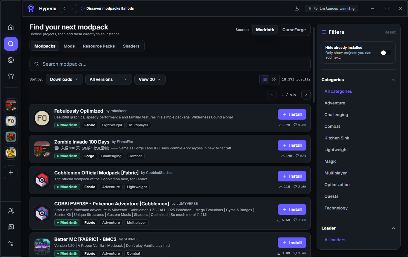 Hyperix discovery screen showing Modrinth project results