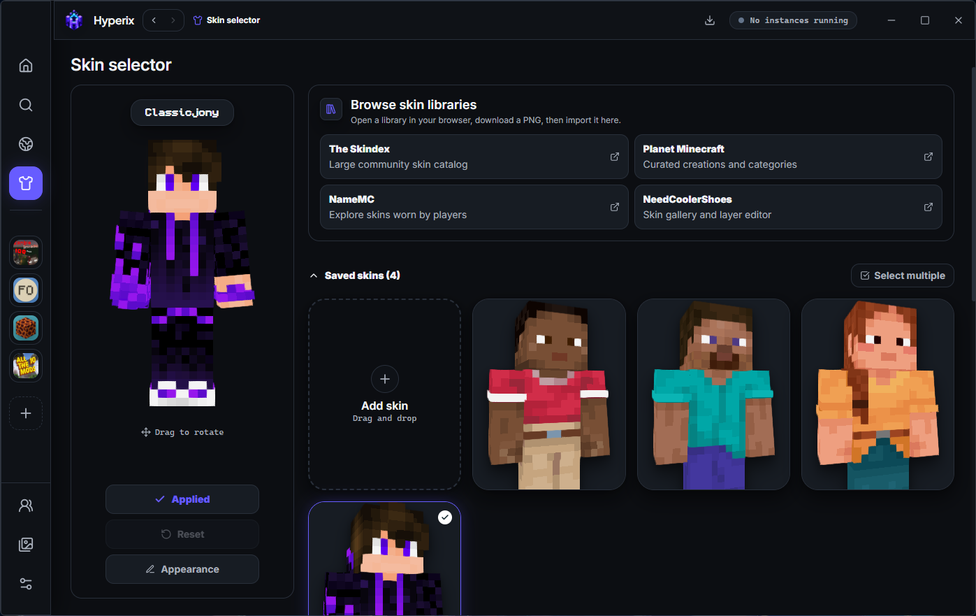 Hyperix skin selector screen with 3D model preview